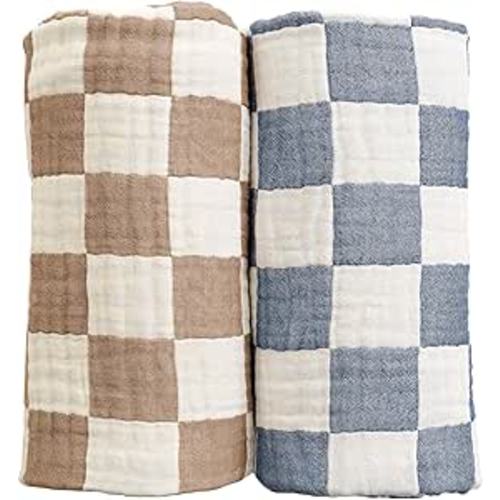 Ultra Soft Checkered Muslin Baby Blanket Pack of 2 Cotton Swaddles Bed Blankets for Babies and Toddlers Boys Newborn 42 x 42 inches (Blue and Coffee)
