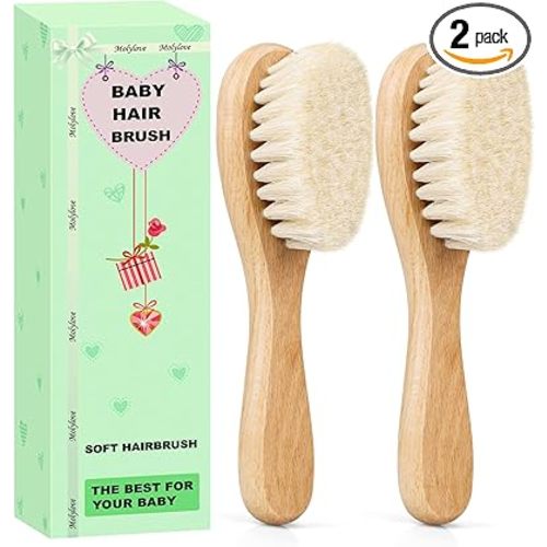 Baby Hair Brush, Wooden Baby Hair Brush for Newborns & Toddlers, Super Soft Goat Bristles Hair Brush, Toddler Hair Brush,Ideal for Cradle Cap (2PCS)