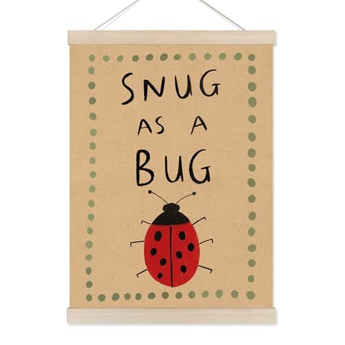 Koesus Vintage Snug As A Bug Wall Art Poster Hanger Frame 12x16 Inch, Cute Red Ladybug Insect Canvas Pictures Prints Framed Wall Decor for Kids Room Bedroom Nursery Playroom Home