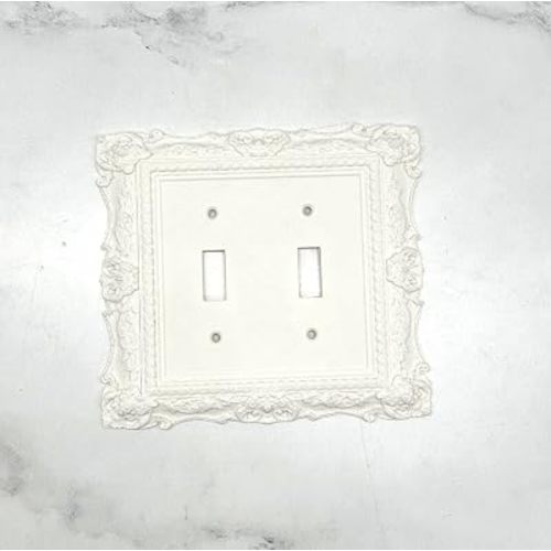 Victorian Light Switch Plate Cover, Vintage Frame Style for Toggle, Rocker & Outlet, Black Hardware Included #2 (White, Double Toggle)