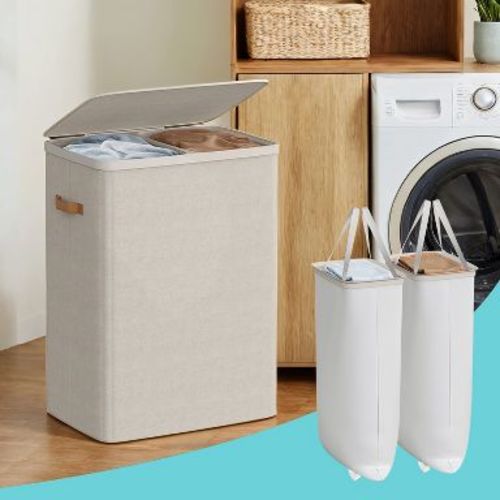 LEDREM Dual-Compartment Laundry Basket with Lid, Handles and Removable Liners, Easy-Assembly Laundry Hamper, Beige