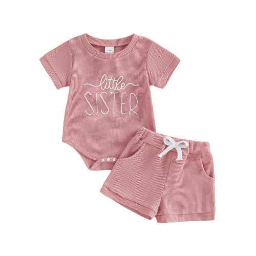 BemeyourBBs Newborn Baby Girl Little Sister Outfit Waffle Knit Letters Short Sleeve Romper with Elastic Waist Pockets Shorts Set Cute Infant Summer Clothes