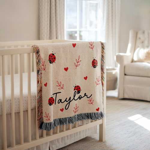 Personalized Ladybug Baby Blanket Custom Name Newborn Blanket Baby Girl Nursery Decor Cute Baby Shower Gift Woven Throw