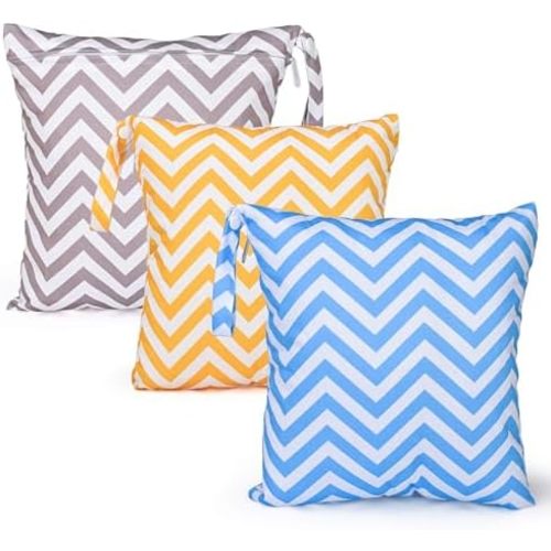 3 PCs Cloth Diaper Wet Dry Bags Waterproof Reusable Stroller Travel Beach Pool Daycare Soiled Baby Items Yoga Gym Bag for Swimsuits or Wet Clothes-Chevron-11 x 11"