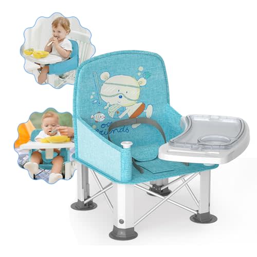 Baby Travel Booster Seat with Double Tray, BabyBond Upgraded Toddler Portable Baby Chair, Booster Seat for Dining Table, Stable and Foldable Booster Baby Chair for Indoor/Outdoor (Blue Sea World)