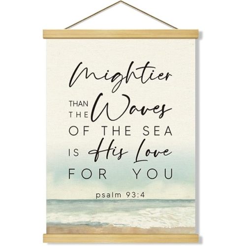 Mightier Than the Waves of the Sea Poster, Psalm 93:4, Canvas Poster Wood Hanger, Beach House Decors, Beach Cabin Decor, Christian Home Decors, Christians Hanging Banner for Wall Door Decor