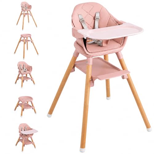 High Chair, 6 in 1 Wooden Convertible High Chairs for Babies and Toddlers, Booster Seat with Double Tray & Reversible Footrest Baby Highchair, 5-Point Harness Baby Feeding Chair, Pink