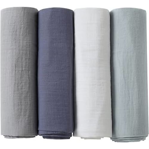 Muslin Swaddle Blankets, Baby Swaddle Blanket, Large 47 x 47 inches Muslin Baby Blanket wrap for Baby Boys and Girls, 4 Pack, Solid Color, Grey Blue White Green