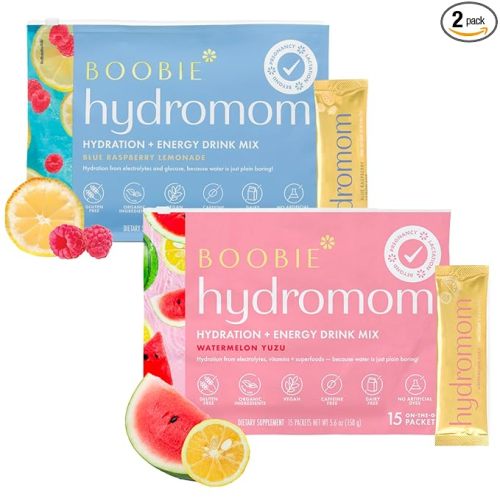 Boobie Hydromom Superfood Electrolyte Drink Mix, Watermelon Yuzu + Blue Raspberry Lemonade | Refreshing Energy, Hydration Boost | On-The-Go Travel Essential for Pregnancy, Lactation, & Beyond - 2 Pack