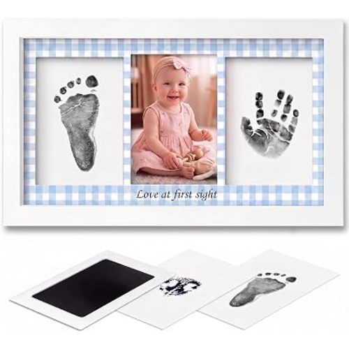Qunclay Baby Inkless Handprint Footprint Kit Blue Gingham Newborn Keepsake