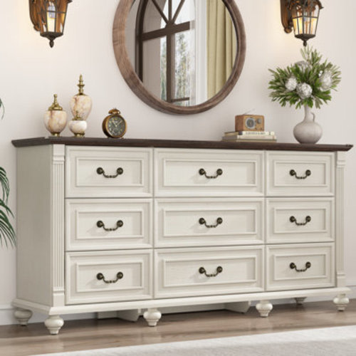 Charlton Home® 63" Farmhouse 9 Drawer Wood Dresser For Bedroom With 6 Solid Wood Feet And Roman Column Decor & Reviews | Wayfair