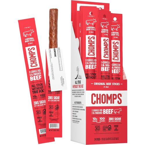 Chomps Grass-Fed and Finished Original Beef Jerky Snack Sticks 24-Pack, Keto, Paleo, Whole30, 10g Protein, Gluten-Free