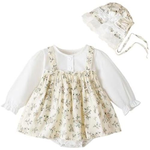 Infant Baby Girl Romper Long Sleeve Bodysuit Floral Dresses Baby Birthday Photoshoot Outfit with Hat for 3M-2Y