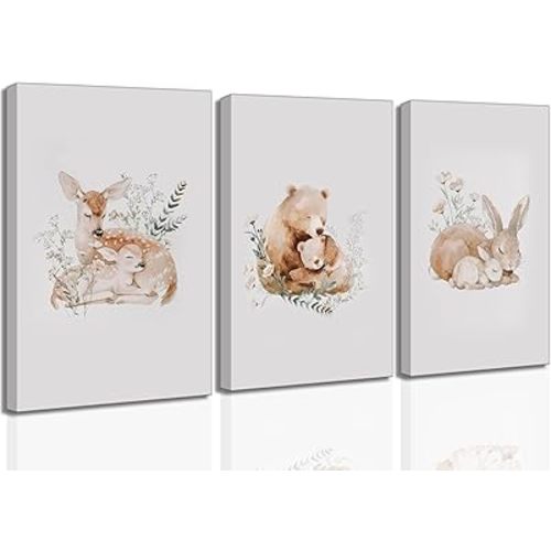 3 Pcs Animal Nursery Canvas Wall Art Watercolor Baby Animals with Wildflowers Painting Picture Wall Decor Cute Rabbit Bear Deer Nursery Paintings Artwork for Kids Room Baby Room Home Decoration