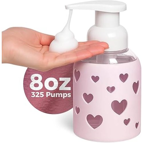 SoCal Suds & Company Glass Foaming Hand Soap Dispenser, Heart Silicone Sleeve, Refillable Pump Bottle for Kids, Baby Wash & Shampoo, Ideal for Home Use, Soft Pink 8oz