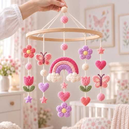 Crochet Baby Mobile, Pink Rainbow Butterfly, Floral Heart Nursery Decor, Handmade Pastel Crib Mobile, Baby Girl Shower Gift, Newborn Gift