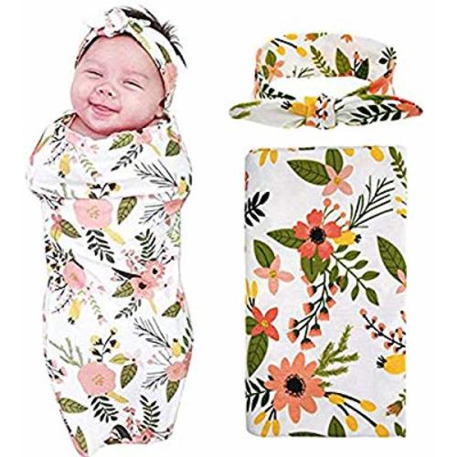 1 Pack Receiving Blanket with Headbands BQUBO Newborn Baby Floral PrintedBaby Shower Swaddle Gift - 1 Pack Small Flower White With Headband