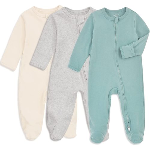 Aablexema Baby Footie Pajama with Mitten Cuffs, Double Zipper Infant Cotton Onesie Sleeper Pjs, Footed Sleep Play - B02-ivory & Grey & Blue