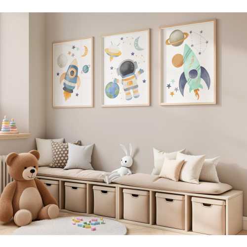 Space Rocket Nursery Wall Art: Outer Space Decor, Set of 3 - Framed, Canvas, or Art Prints WC