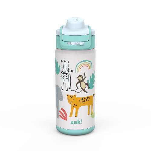 Zak Designs Lincoln 14oz Stainless Steel Double Wall Insulated Water Bottle with Leak-Proof Design, Reusable, Convenient Carry Handle for Travel, Reusable, Convenient carry handle for travel, Safari