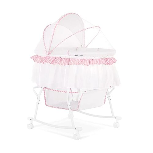 Dream On Me Lacy 2-in-1 Bassinet & Cradle with Full Canopy, Storage Basket, & Locking Wheels. Includes 1” Mattress
