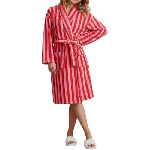 SOLILOQUY Women Soft Plush Robe Long Sleeve Lapel Striped Fuzzy Bathrobe Y2K Fleece Robe with Pockets Sleepwear Loungewear