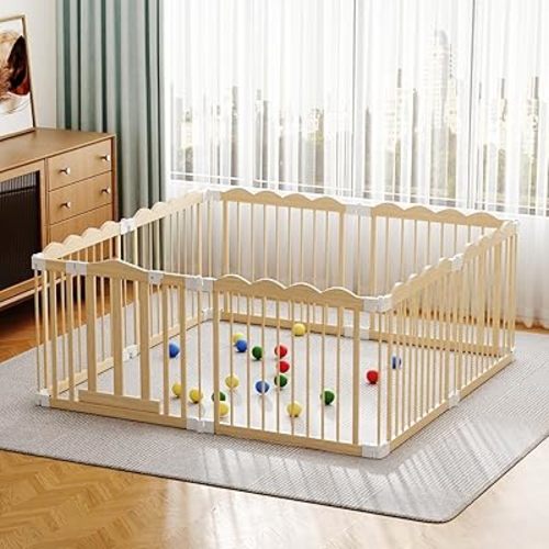 Play Pen for Babies 6-12 Months,Wooden Fence Large with Door Gate Kids Activity Area Center Indoor
