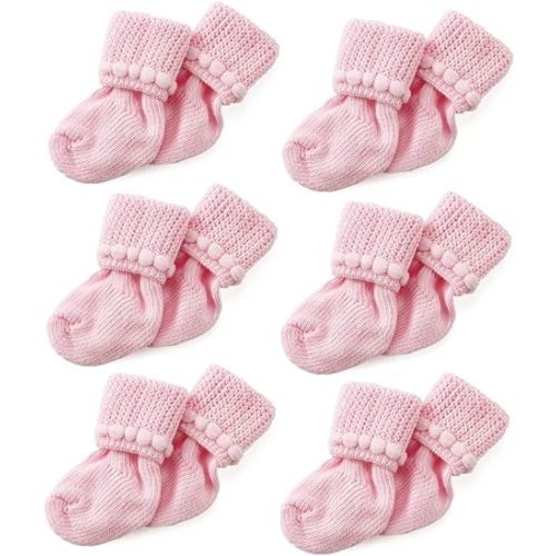 Nurses Choice 6 Pairs Pink Newborn Baby Girl Stay-On Socks 0–3 Months – Bubble Cuff, Soft Cotton Socks That Don’t Fall Off, Soft & Breathable Infant Essentials, Hospital Trusted