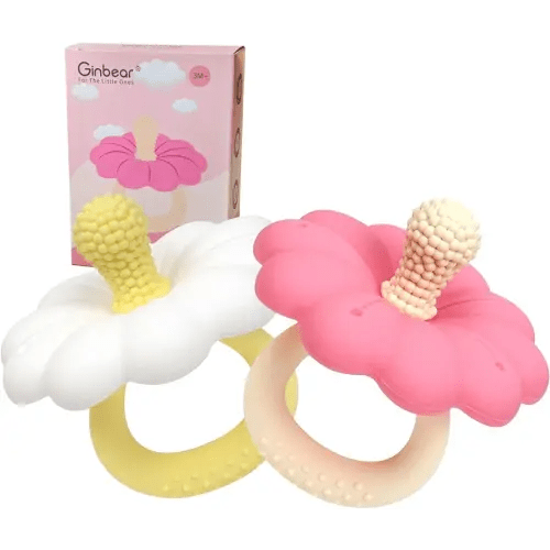Ginbear Silicone Baby Teether for Girls, BPA Free Food Grade Infant Teething Toys, Soothing Baby Chew Toys, Sensory Teething Pain Relief Pacifier 3 Months + (Set of 2)