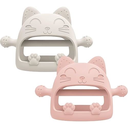 2 Pack Baby Teether Toys,Silicone Teething Toys for Babies 0-6 Months,Never Drop Baby Chew Toys for Teething Relief, Teething Pacifiers,Baby Toys 0-6 Months,Ideal Gifts for Baby Shower（Cartoon Cat）