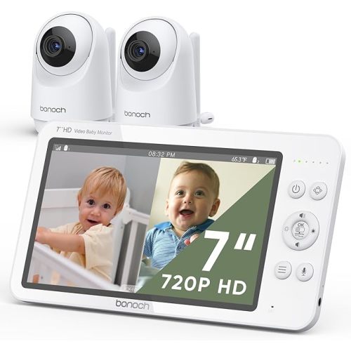 bonoch MegaView Baby Monitor with 2 Cameras, 7" 720P HD Split Screen Baby Monitor No WiFi, Video Baby Monitor with Camera and Audio, 6000mAh, VOX Mode, 2 Way Audio, Remote PTZ, Auto Night Vision - 7" 720p with 2 Cameras