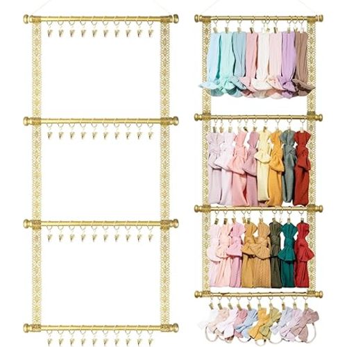 CN Headband Organizer Holder for Baby Girls, Bow Holder for Girls Hair bows,Hair Accessories Hanger Boho Ribbon Storage with 40 Gold Clips for Nursery Hanging Room Decor For Wall (Gold)
