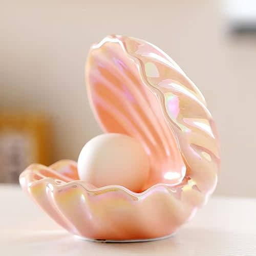 LED Ceramic Shell Pearl Light, Portable Ocean-Inspired Night Light Tabletop Light, Streamer Fairy Shell Night Lamp for Bedside Living Room Home Decoration (Pink)