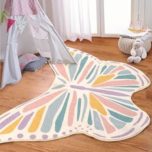 Lukinbox Kids Rugs for Bedroom, Large Butterfly Nursery Area Rug for Playroom, Colorful Kids Play Mat Non Slip Washable Shaped Carpet Super Soft Cute Baby Crawling Mat for Girls Living Room, 5' x 7'