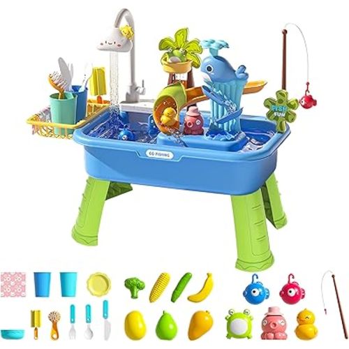Upgraded Toddler Sand Water Table Toy with Electric Water Pump, Kids Sand Water with Faucet/Play Food Accessories/Fishing Toy, Kitchen Play Sink Toys for Girl Boy Age 3+