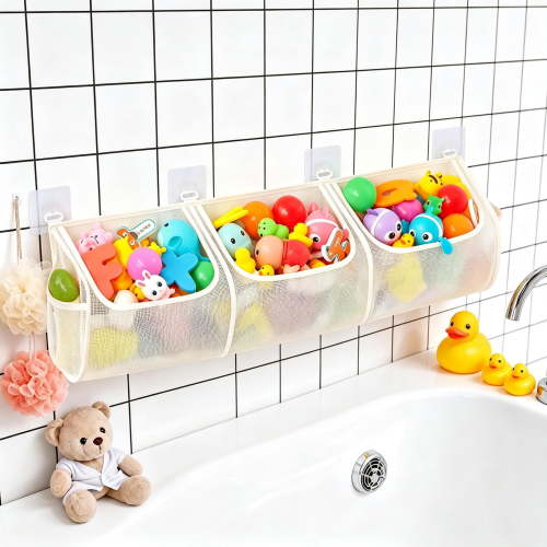 Bath Toy Organizer for Tub, 3 Compartment Large Capacity Storage Holder with Hooks, Easy Access & Sorting for Toddler Bath Toys