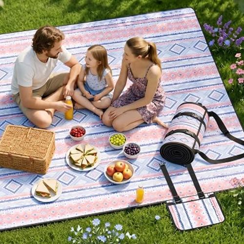 Wolfwise Large 80"x80" Waterproof Picnic Blanket, Sandproof Beach Mat with 5-Layer Material, Portable Foldable Design with Storage Pocket, Adjustable Shoulder Strap for Camping, Hiking, Travel, Blue