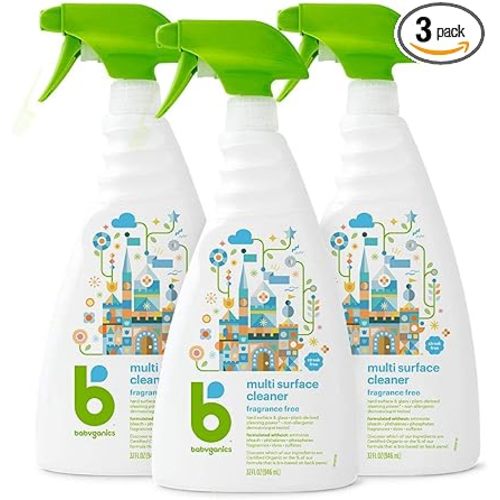 Babyganics Multi Surface Cleaner, Fragrance Free, For Hard Surfaces, Glass, Stainless Steel, Tiles, and Walls, 32 Fl Oz Spray Bottle (Pack of 3)