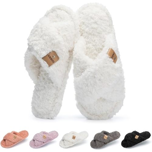 Fuzzy Open Toe Slippers for Women Cozy Memory Foam House Shoes Indoor