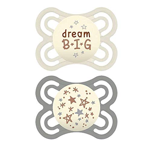 MAM Perfect Baby Pacifier 0-6 Months, Extra Thin Nipple, Developed with Orthodontists, Clinically Proven, Glows in The Dark, BPA-Free Silicone, Pack of 2, Made in Europe