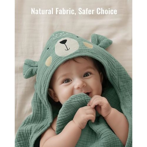 Blissful Diary Muslin Baby Hooded Towel 2 Pack, Soft & Absorbent Bath Towel for Infant, Toddler, Unisex, Baby Gift, Newborn Essentials, Bear & Giraffe
