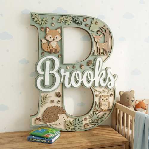 Woodland Animals Nursery Name Sign, Custom Wood Letter Wall Decor, Forest Theme Hedgehog Fox Deer Owl Name Plate, Baby Shower Newborn Gift