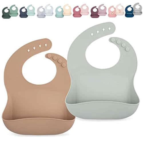AVA + OLIVER Waterproof Silicone Bib Set with Adjustable Neck Closure - Durable Silicone Bibs for Babies - Set of 2