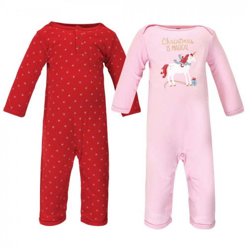 Hudson Baby Infant Girl Cotton Coveralls 2pk, Magical Christmas, 9-12 Months