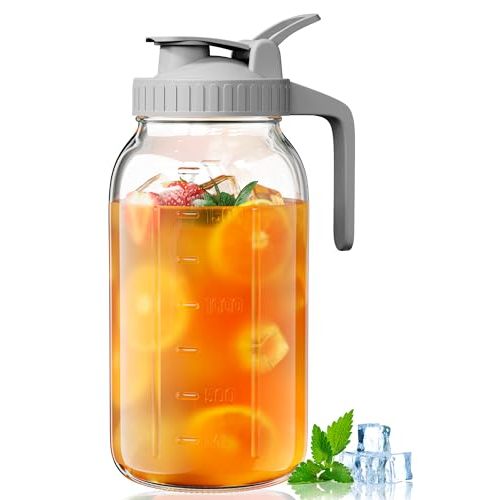 64 oz Pitcher Mason Jar - Heavy Duty Wide Mouth Jar with Flip Cap Lid and Pour Spout - Airtight Seal for Freshness and Convenience - Great for Cold Beverages, Breast Milk, and Home Entertaining