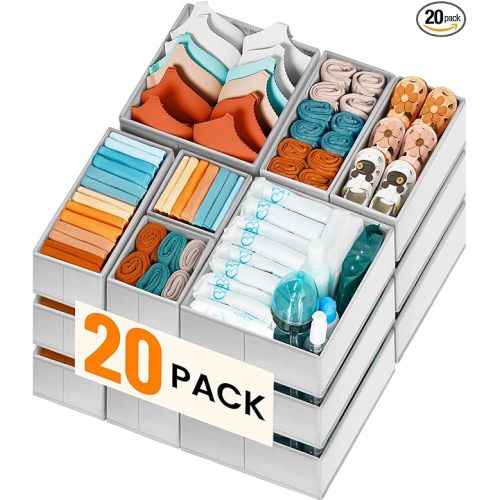 【FAMILY PACK】Drawer Organizer Clothes, 20 Pack Dresser Organizer Bins for Baby Clothes - Underwear Bra Sock Organizer - Fabric Closet Organization and Storage Dividers for Nursery Bedroom Dorm