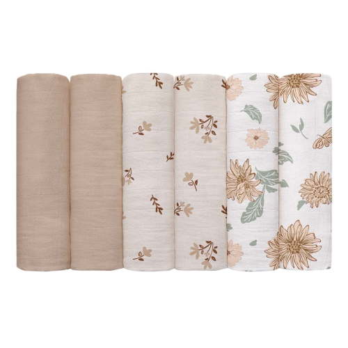 Gllquen Baby Muslin Receiving Blanket 6-Pack Cotton Squares Breathable Cloths for Newborn Infant Boys Girls, 27 X 27", Sunflower