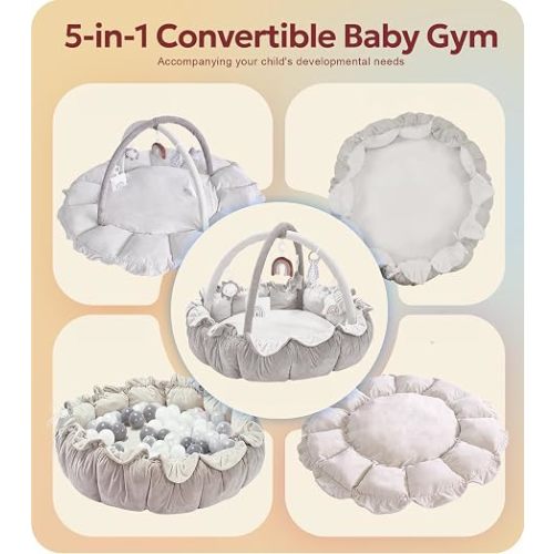 5-in-1 Thick & Plush Baby Play Gym, Baby Play Mats for Floor, Tummy Time Mat with 6 Toys, Convertible Stage-Based Developmental from Babies to Toddlers, Ball Pit, Pet Cushion Cloudico, Grey