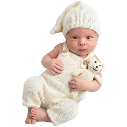 Newborn Photoshoot Outfits Crochet Bear Hat & Romper Set for Baby Boys Girls - Handmade Photo Props Outfits