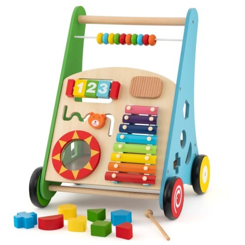 Costway Wooden Walker Push Walker Activity Center Toy w/Wheels Sit-to-Stand Learning Toy